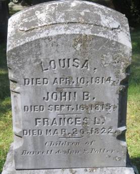 Louisa, John, and Frances Potter's marble grave marker with rounded top and carved sides sitting on a double granite rectangular base