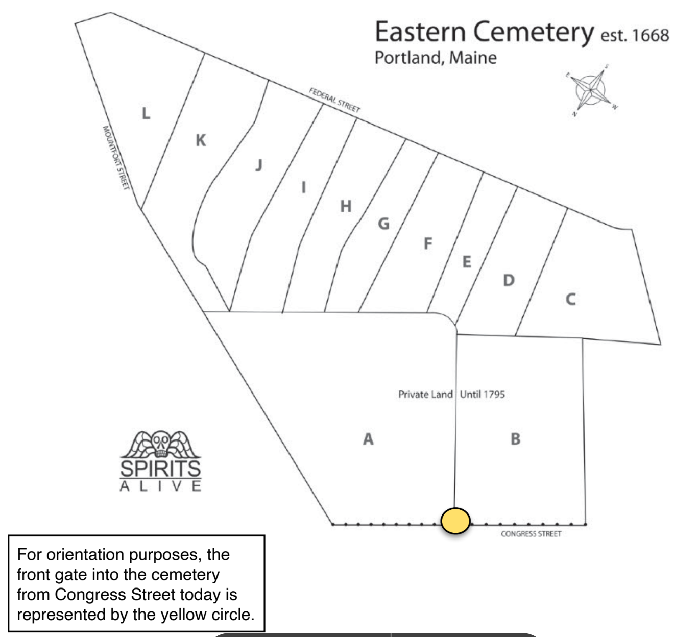 map of Eastern Cemetery showing sections A through L. The Spirits Alive logo is placed near it and a yellow dot is placed in the center at the bottom of the map to indicate the front gate