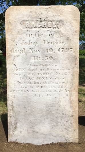 rounded rectangular marble grave marker carved with the name and description of the Veazies. Text transcription follows