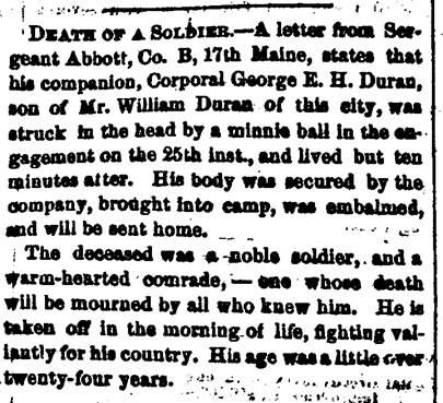 Screenshot of an old newspaper with intro sentence, Death of a Soldier. Text transcription follows