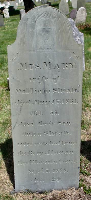 Slate grave marker with sloped top carved with an urn and willow motif. Decorative borders and corners enclose the long carved inscription. It is set among a grassy area with more gravestones in the background. Text transcription follows