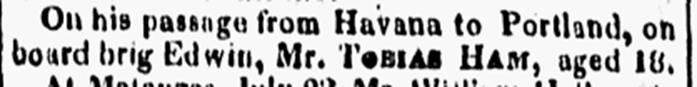 Screenshot of a sentence from an old newspaper about Tobias Ham. Text transcription follows