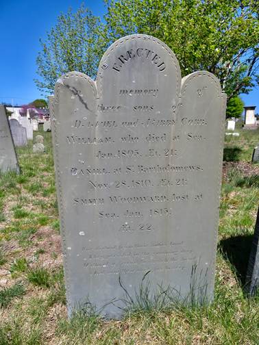 Slate gravestone carved with 3 rounded areas at the top for the Cobbs. The middle is the largest and tallest and says ERECTED. There a smaller one on either side with a fancy border around the whole stone and it is set in a grassy area with a large tree and lots of other grave markers in the background. Text transcription follows