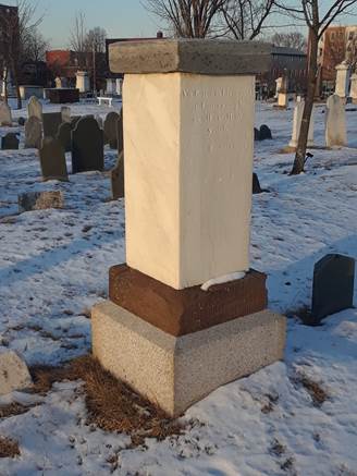 Large marble, granite, and sandstone grave monument for Henry Wadsworth set among the snowy ground with many gravestones around it.