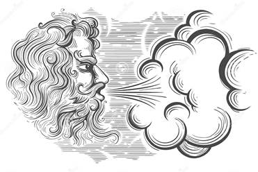 a line sketch of the side profile of a man with lots of curly hair, mustache, and beard blowing a big puff of curls from his mouth