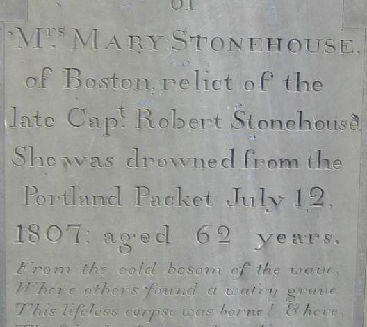 Close-up detail of an inscription carved in a slate stone for Mary Stonehouse, text transcription follows