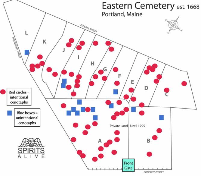 Depiction of Eastern Cemetery with sections. Red circles show intentional cenotaphs and blue boxes show unintentional cenotaphs scattered within the cemetery boundaries.