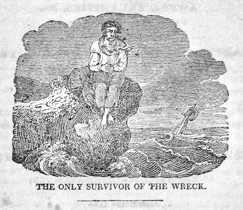 Black and white lithograph line drawing The Only Survivor of the Wreck sohws a man sitting on a lone rock with swirling seas below and the mast of ship sticking up from it