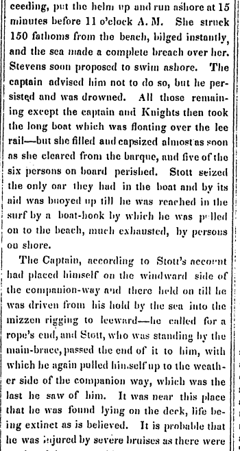 Screenshot from an old news article starts Distressing Shipwrecks continues, 3 of 4, Text transcription follows