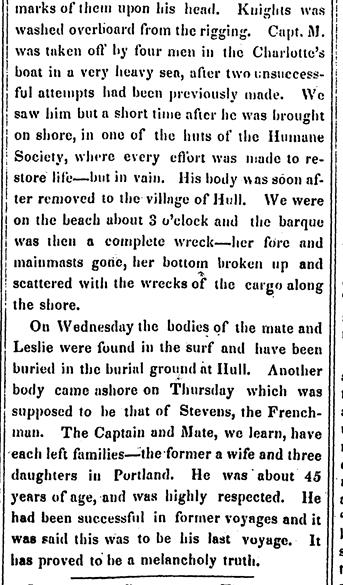 Screenshot from an old news article starts Distressing Shipwrecks continues, 4 of 4, Text transcription follows