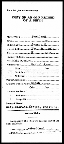 scan of a paper document named Copy of an Old Record of a Birth