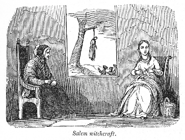 engraving titled Salem witchcraft. An window between and old and young woman sitting in a room looks out to a tree with a woman hanging from a noose.