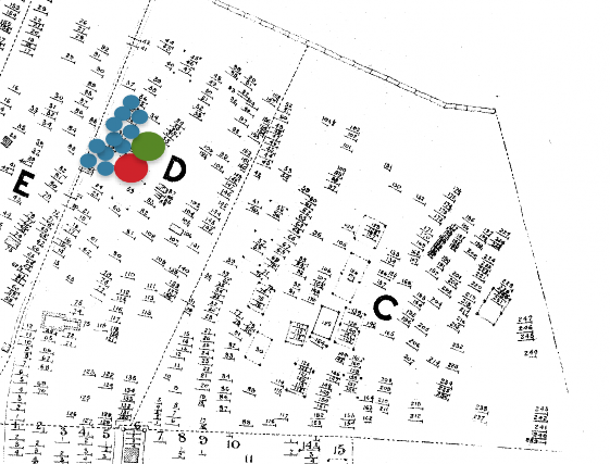 detail of eastern cemetery map showing sections C-D with a cluster of colored circles around the boundary at C and D