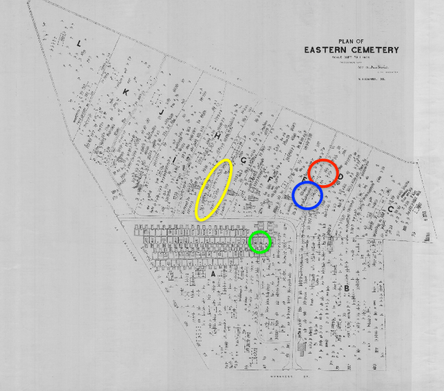 map of Eastern Cemetery with plots and sections. 4 colored circles represent different themes as described in text