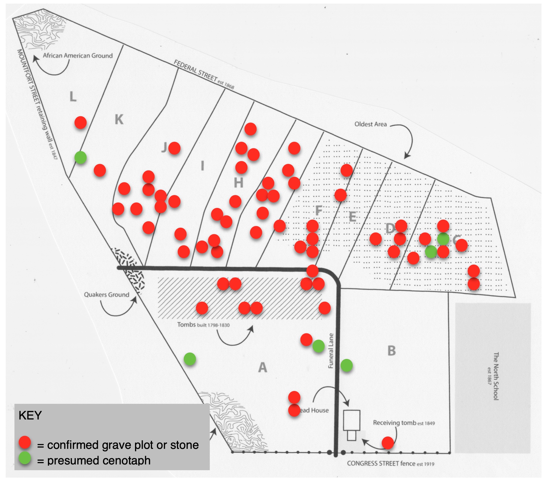 map of Eastern Cemetery with dots indicating 62 confirmed grave plot or stone or 6 presumed centotaphs