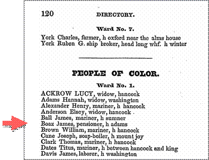 Screenshot of a directory page detail listing names. A red arrow points to James Boaz.