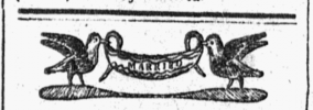 old decorative engraved element of 2 birds holding the corners of a banner in their beaks that says marriage