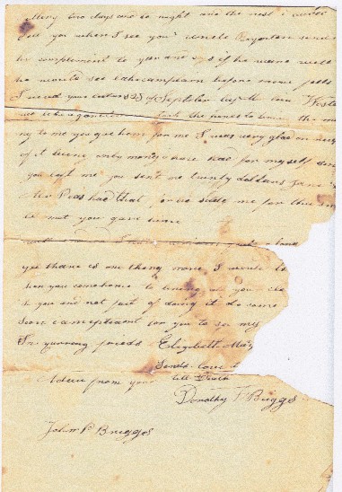 an old letter handwritten in black ink script on yellowed paper with water stains and a piece missing