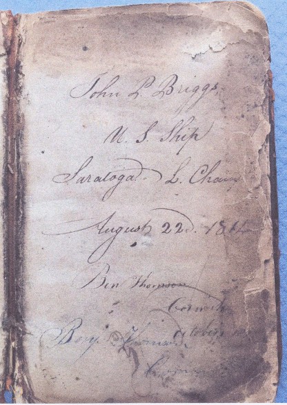 cover of an old medical journal with handwritten in black ink script: John P. Briggs, U. S. Ship, Saratoga, L. Champlain, August 22, 1814 with 2 more illegible names