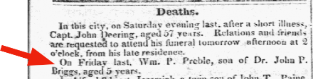 screenshot of th deaths in a newspaper clipping with a red arrow pointing to the words, On Friday last, Wm. P. Preble, son of Dr. John P. Briggs, aged 5 years.