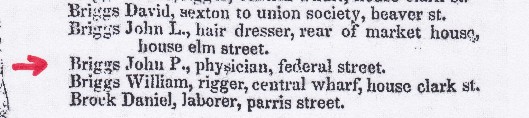 screenshot from a directory snipped with a red arrow pointing to, Briggs John P., physician, federal street