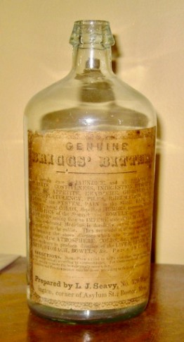 old medicine bottle with an antique label for Genuine Briggs' Bitters