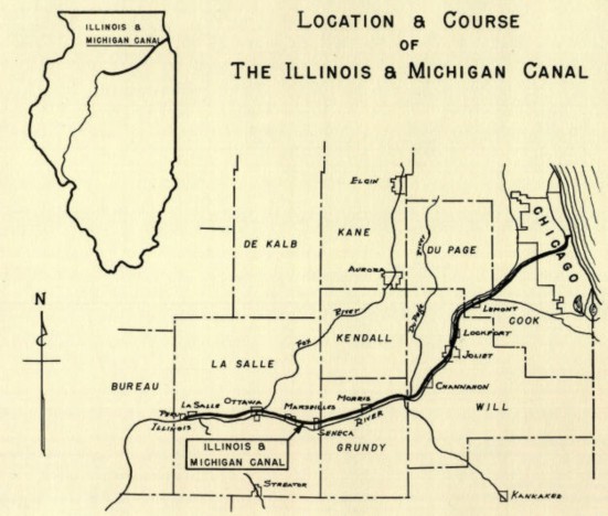 Location & Course of The Illinois & Michigan Canal. The shape of Illinois with a line running diagonally through it. A detail of a map showing labeled counties and towns along a line that runs diagonally north, ending at Chicago