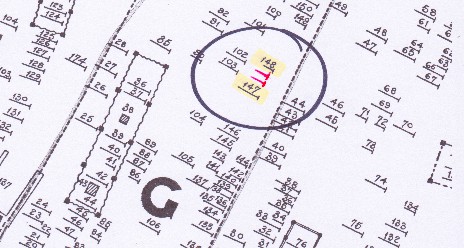 detail of Eastern Cemetery section G plot map, with 148 and 147 circled. 2 lines are drawn between them.